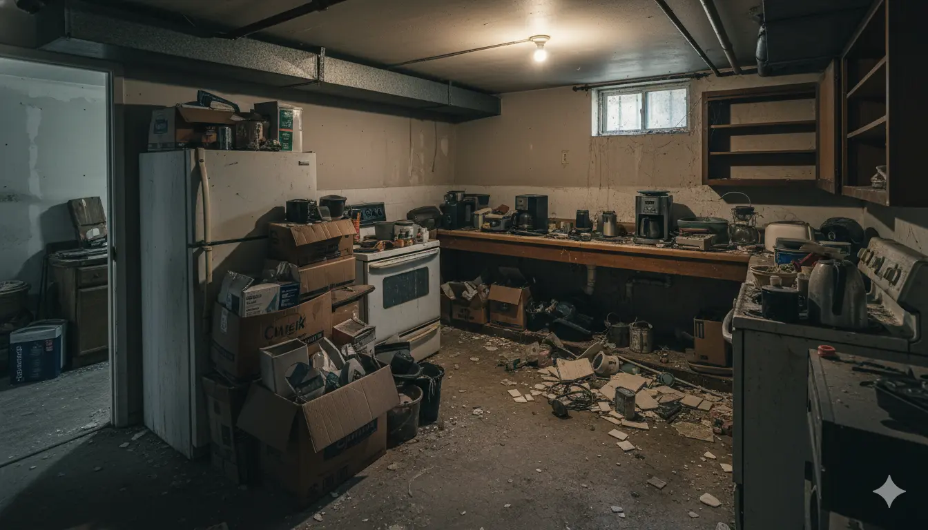 Basement full of junk before removal